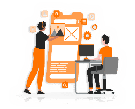 Illustration of two people collaborating on a content marketing platform