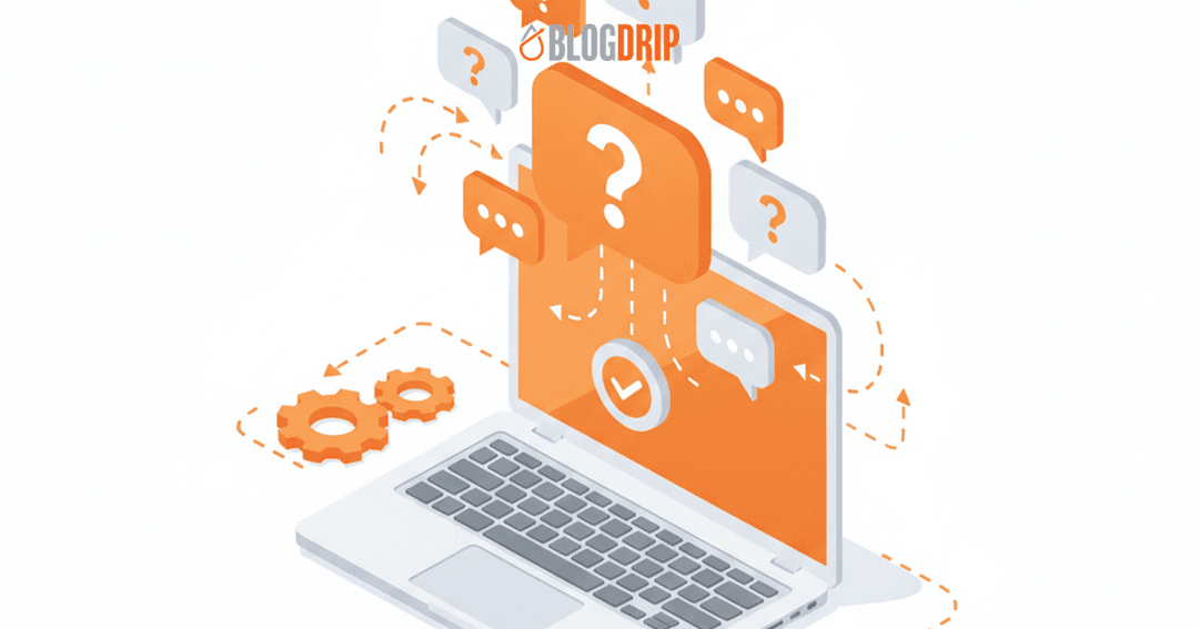 FAQ-talbubblor ovanför en laptop
