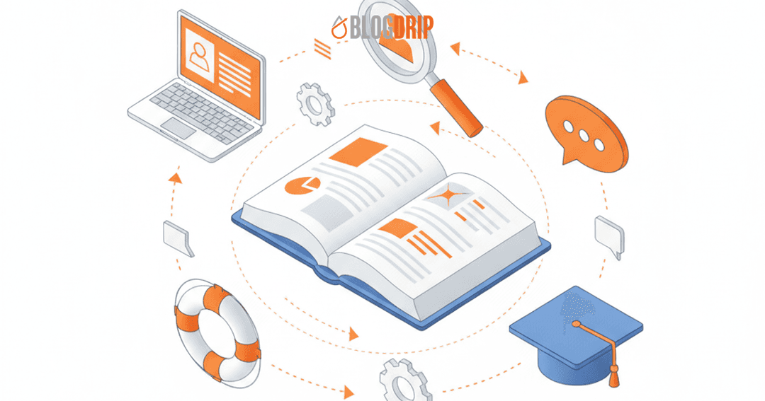 Centro de conocimiento con iconos de libro, salvavidas y chat